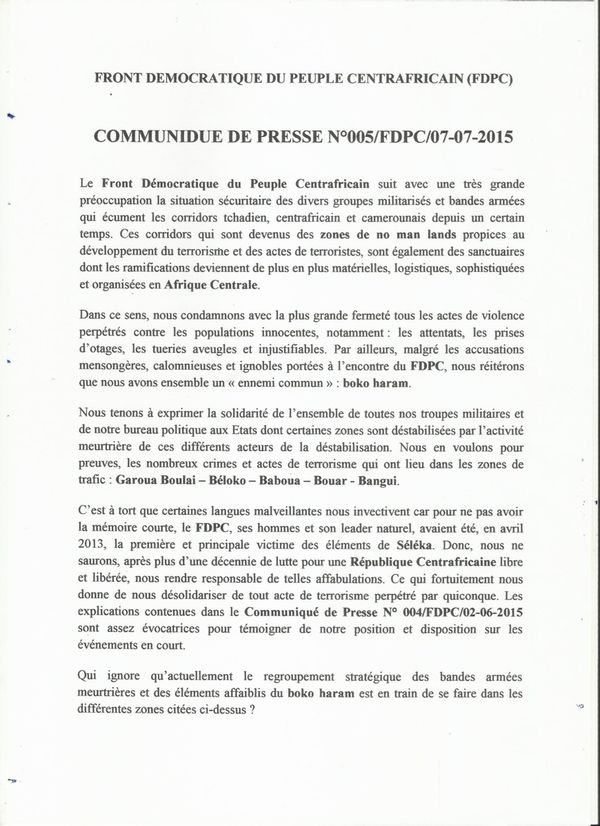 RCA : Le FDPC déclare la guerre au terrorisme et annonce un déploiement aux frontières