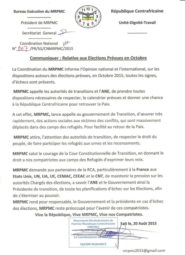 Centrafrique: Le MRPMC appelle le gouvernement à oeuvrer dans le social