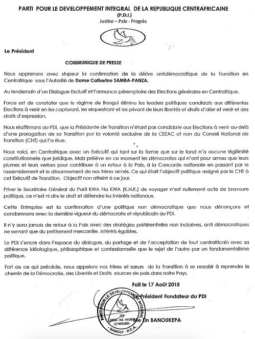 Centrafrique: Le PDI dénonce les "dérives anti-démocratiques" de la Présidente