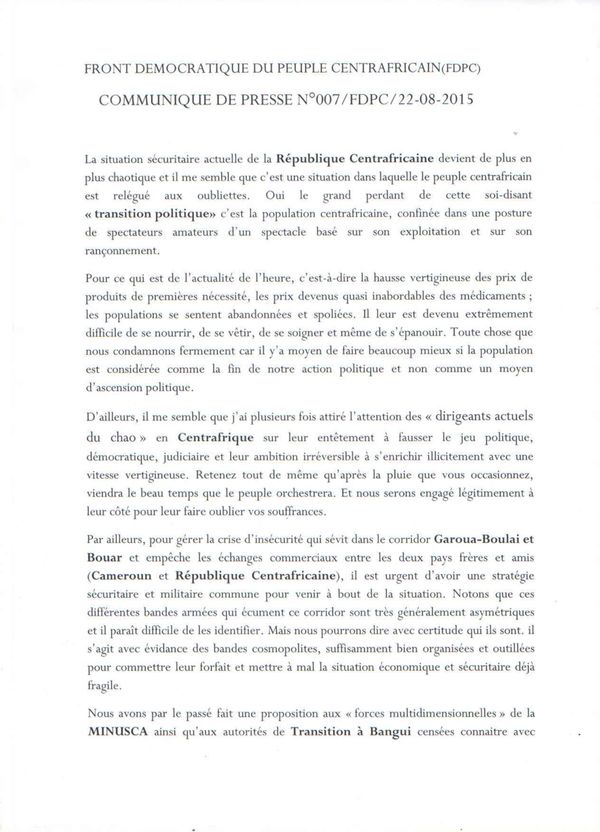 La population centrafricaine "grand perdant de la transition politique", assure le FPDC