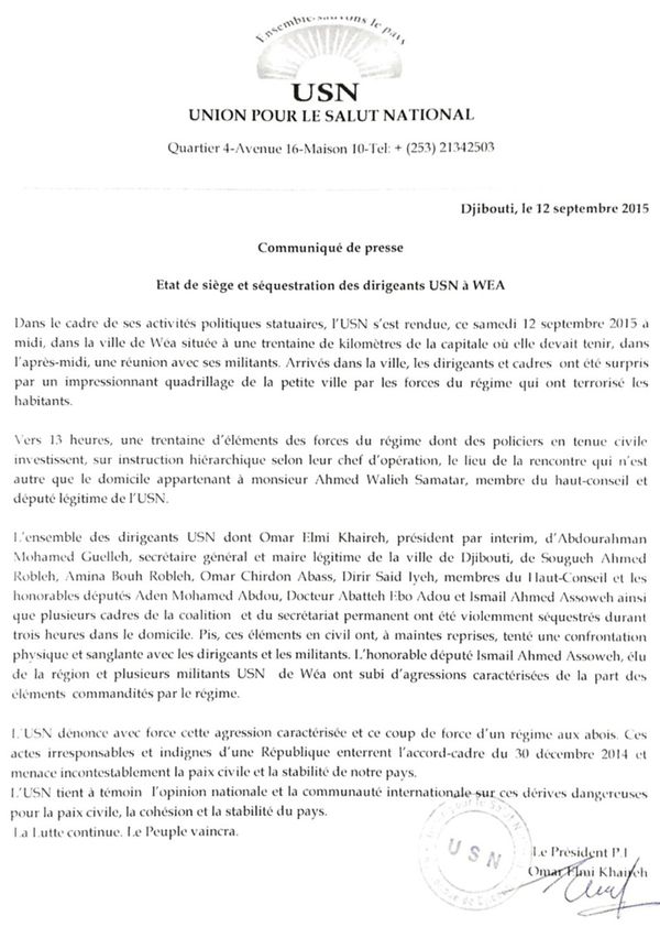 DJIBOUTI : Etat de siège et séquestration des dirigeants USN à Wéa