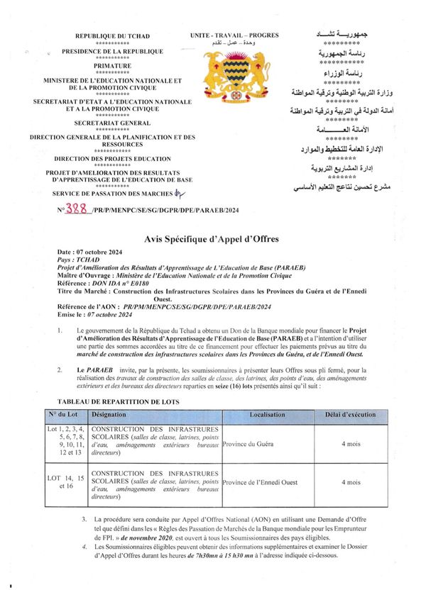Tchad : Avis spécifique d'appel d'offres du PARAEB pour la construction d'infrastructures scolaires (Guéra et Ennedi Ouest)