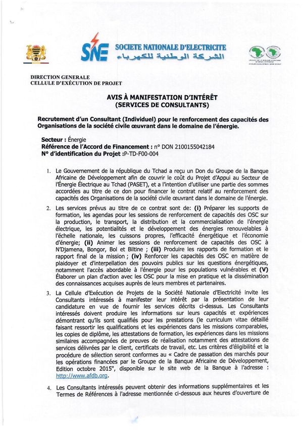 Tchad : Avis à Manifestation d'Intérêt pour le renforcement des capacités des OSC oeuvrant dans le domaine de l'énergie (CEP-SNE)