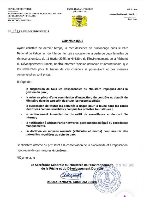 Tchad - Scandale au Parc National de Zakouma : Des Responsables Suspendus après le Braconnage de Rhinocéros