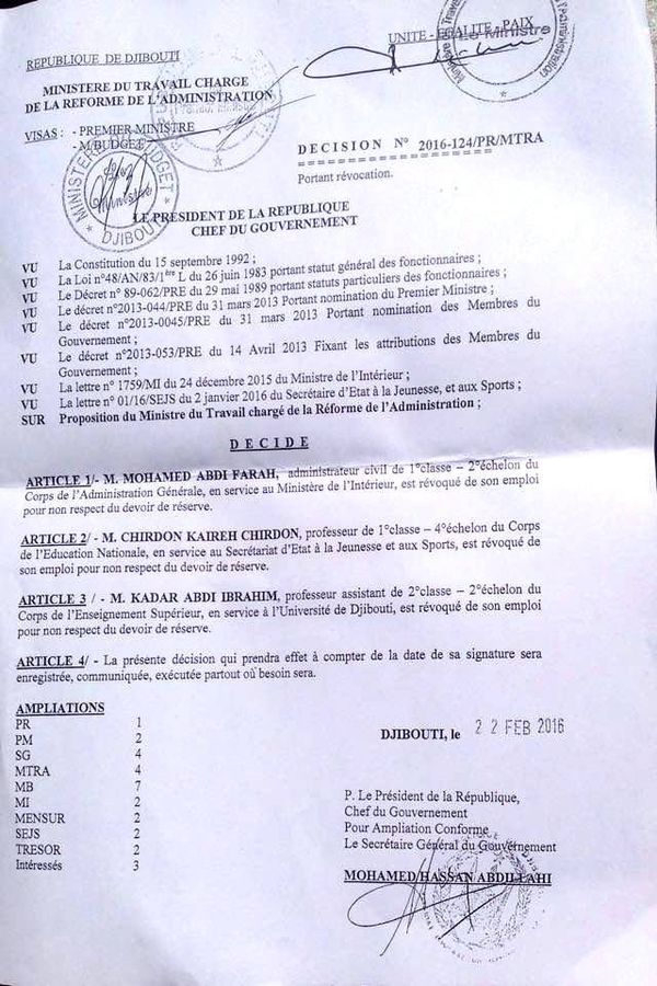 Djibouti: Kadar Abdi Ibrahim, licencié et radié de la fonction publique pour engagement politique