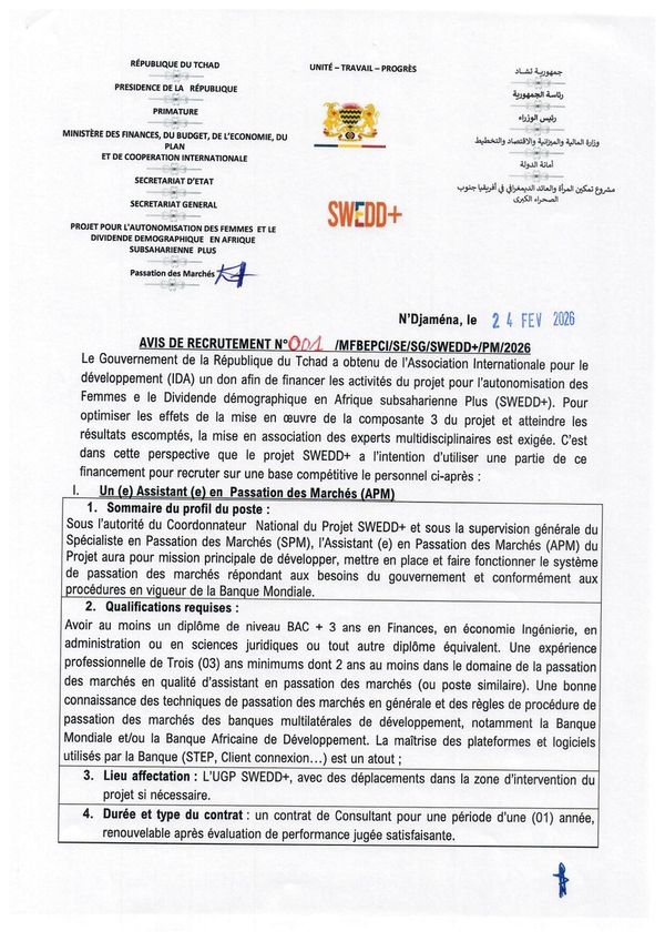 Tchad : le projet SWEDD+ recrute un(e) assistant(e) en marchés publics et un(e) assistant(e) de direction