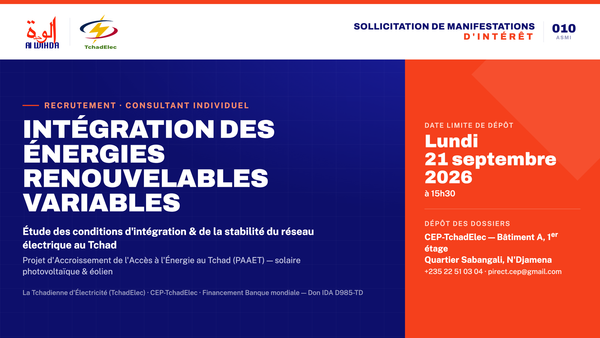 Tchad : TchadElec recrute un consultant pour étudier l’intégration des énergies renouvelables au réseau électrique national