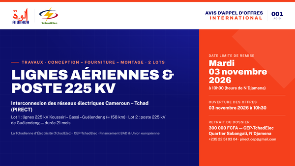 Tchad : TchadElec lance un appel d’offres international pour des lignes 225 kV et le poste de Guélendeng