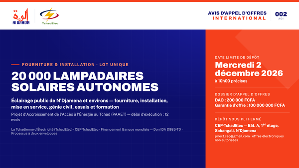Tchad : TchadElec lance un appel d’offres pour l’installation de 20 000 lampadaires solaires à N’Djaména