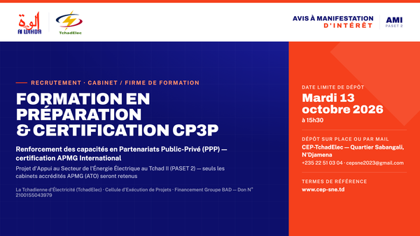 Tchad : TchadElec recrute un cabinet pour une formation et certification CP3P en partenariats public-privé