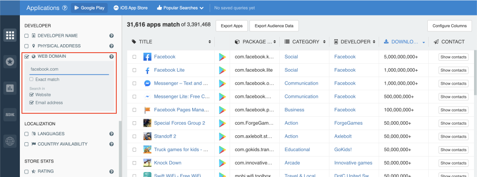 Filter by web domain — app analytics, app insights.