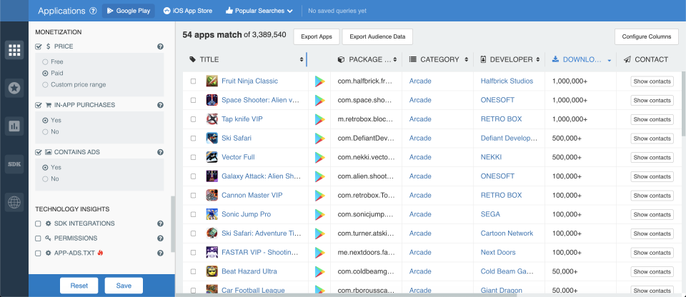 How to filter Android games by price; app store analytics from 42matters.