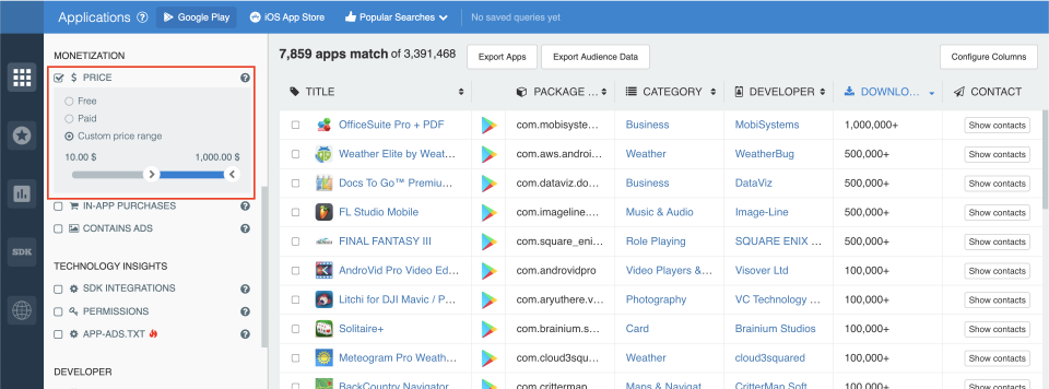 Filter by price — app analytics, app insights.