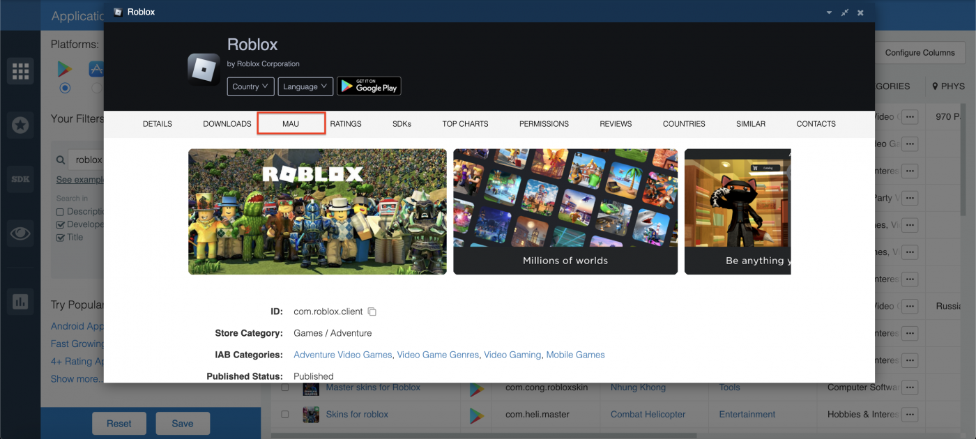 Monthly active users (MAU) for Android apps.
