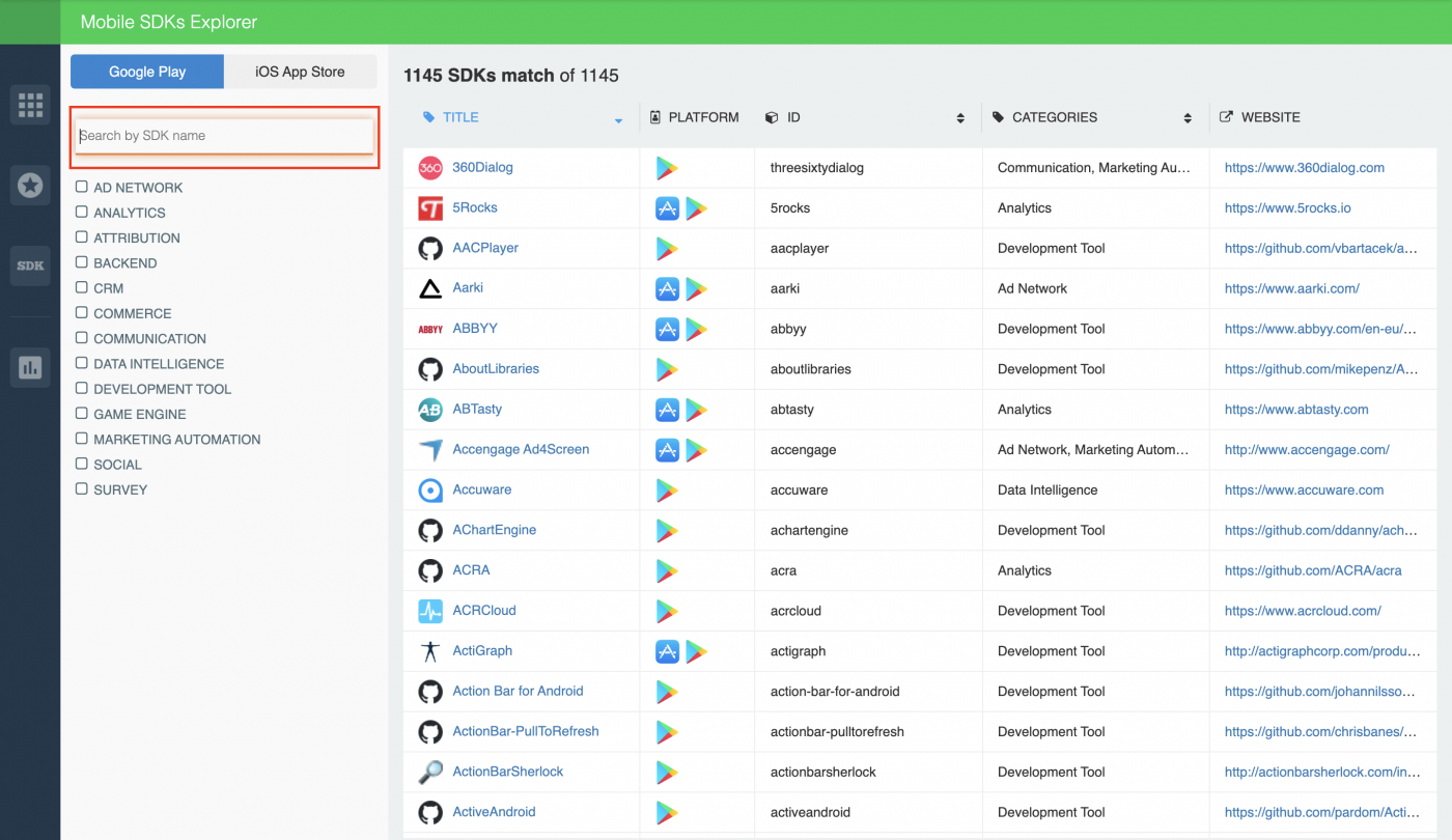 1. Search SDKs on 42matters — SDK Explorer.