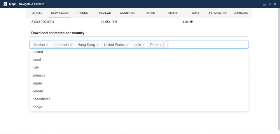 Filter app downloads by country — 42matters app download statistics.