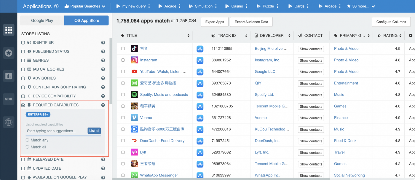 Required Capabilities; 42matters Dashboard.