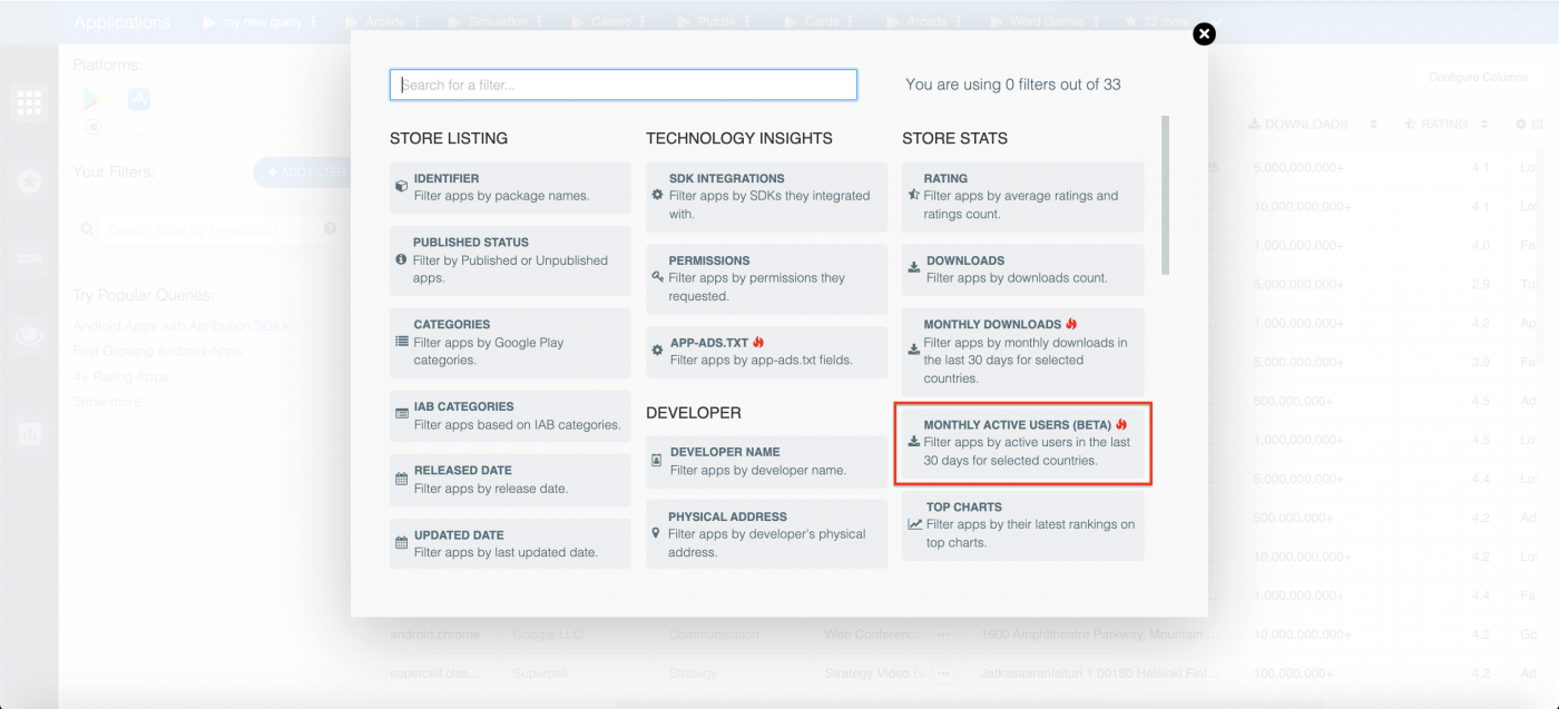 Filter Android apps by MAU.