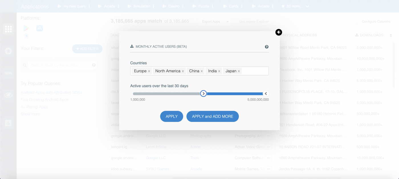 Filter Android apps by monthly active users.