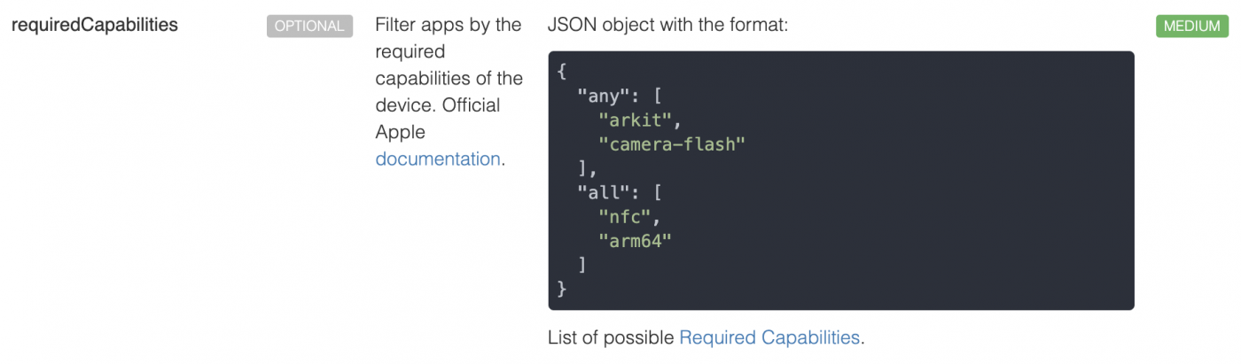 Required Capabilities API from 42matters.