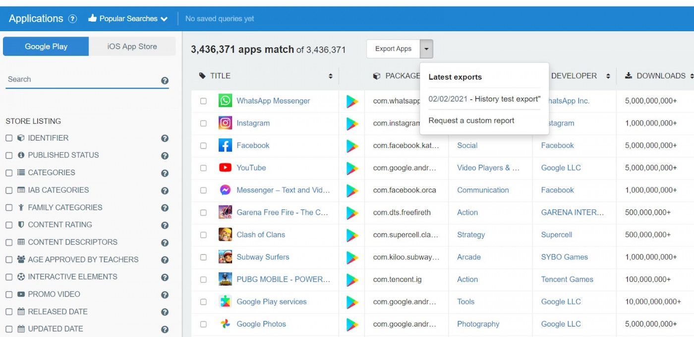 42matters app export history feature.