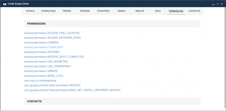 Credit Suisse app permissions.