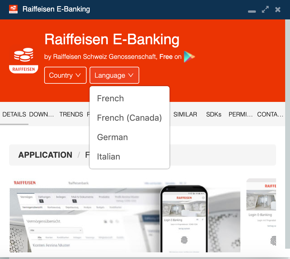 Swiss Raiffeisen app language options.