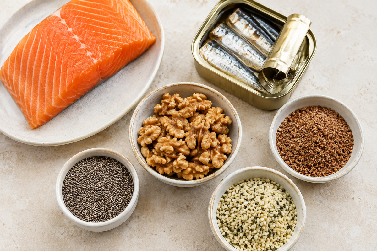 Omega-3 food sources including salmon, sardines, walnuts, chia seeds, flaxseed, and hemp seeds arranged on a light background.