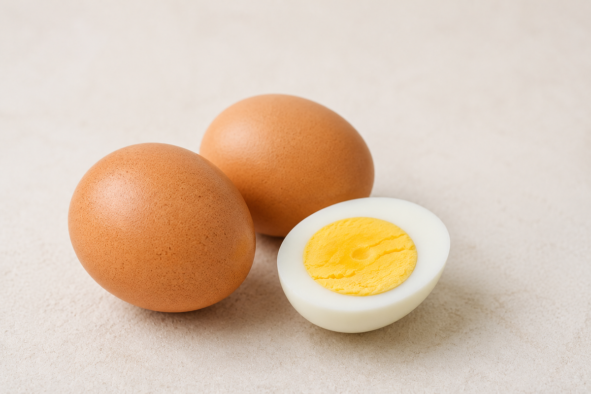 Three eggs, including one halved hard-boiled egg, arranged on a light neutral background.