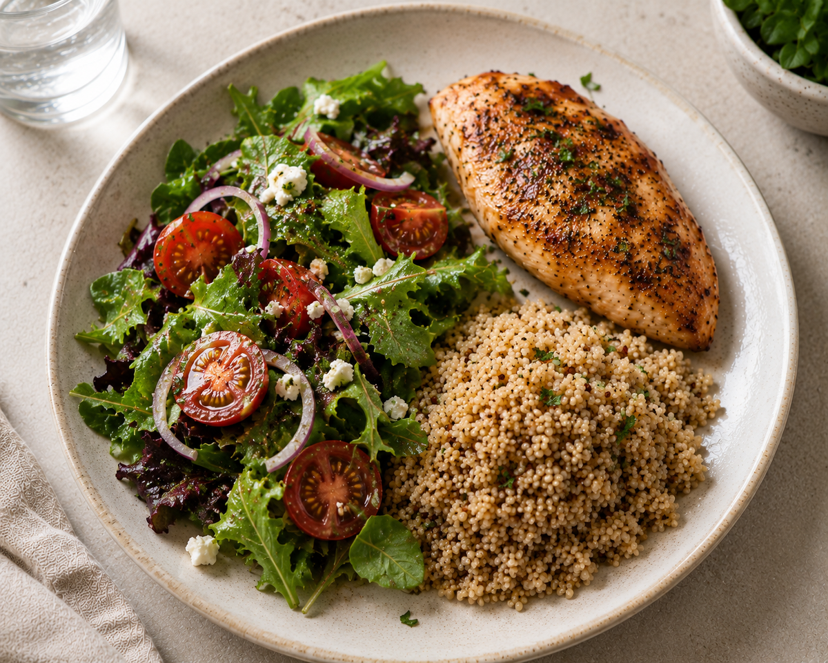 Fertility Plate meal with grilled salmon, quinoa, and a mixed green salad.