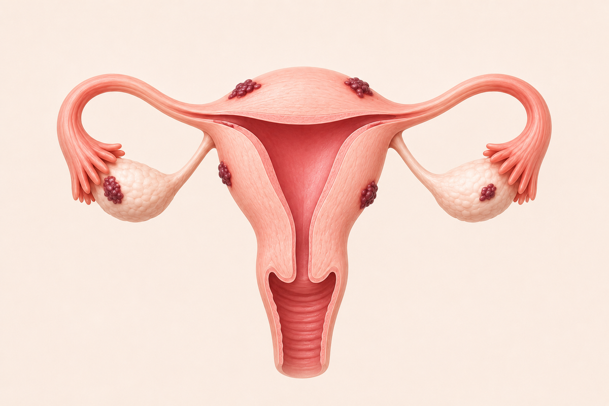 Illustration of the female reproductive system showing endometriosis lesions on the ovaries and surrounding reproductive structures.