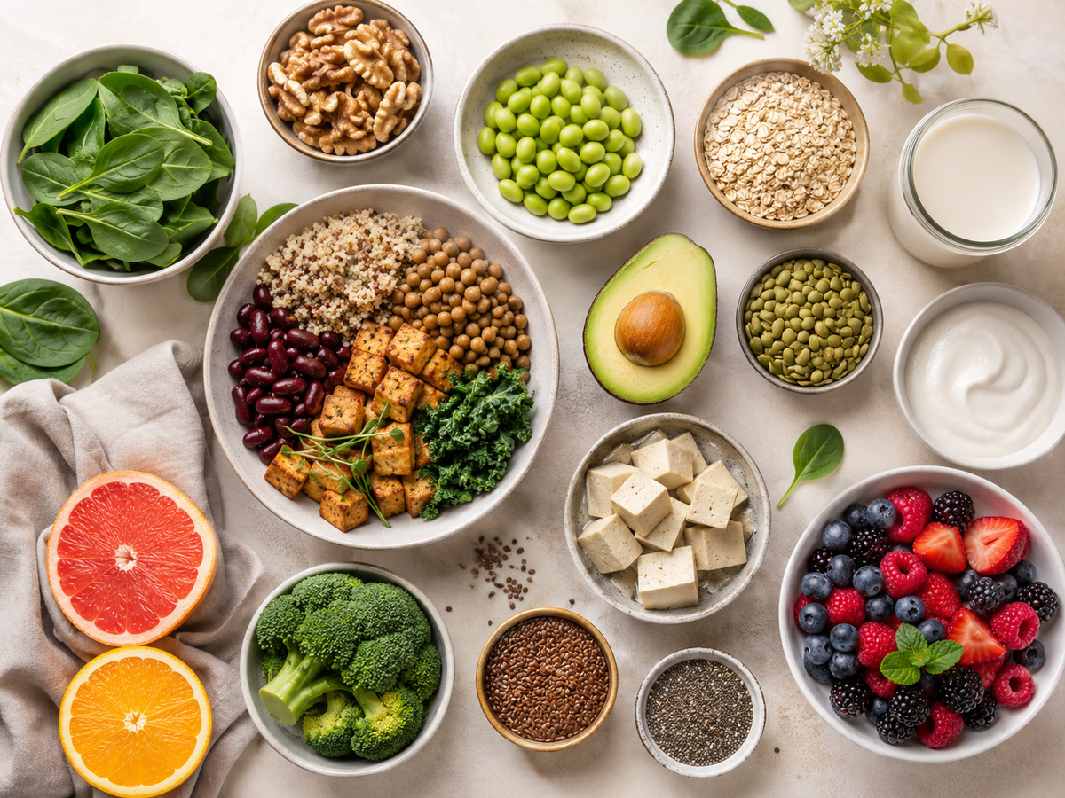 Flat lay of vegetarian and vegan fertility-supportive foods including tofu, tempeh, quinoa, edamame, spinach, berries, avocado, nuts, seeds, oats, citrus, and yogurt on a light background.