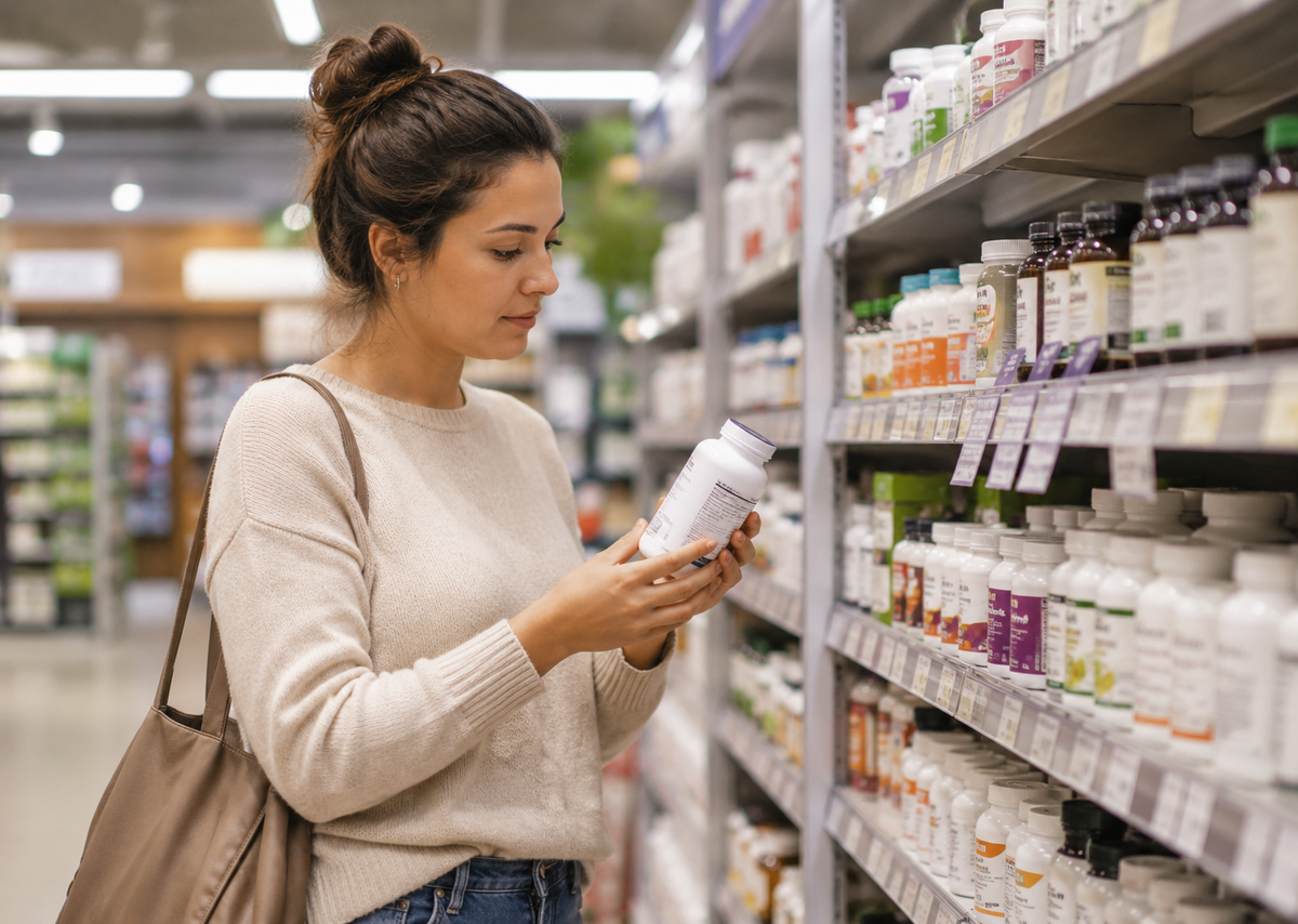 Woman comparing a supplement label while shopping in a vitamin aisle.