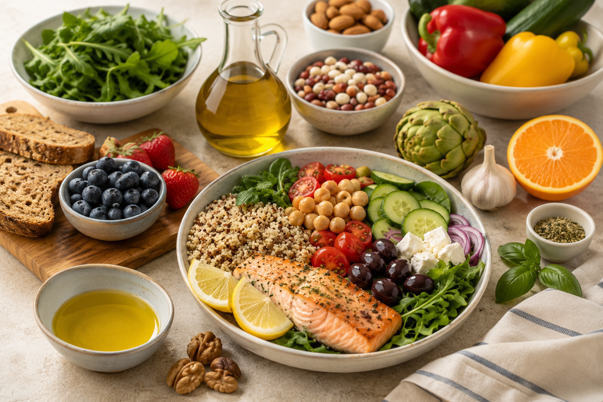 Mediterranean-style fertility-supportive meal with salmon, quinoa, chickpeas, vegetables, olives, feta, fruit, nuts, whole-grain bread, and olive oil.