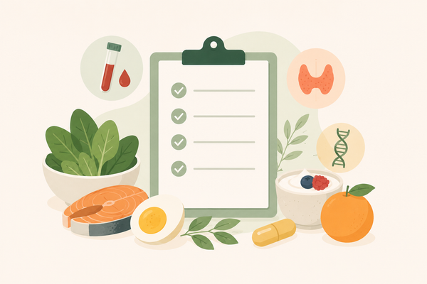 Illustration of a preconception checklist with foods, blood testing, thyroid health, genetics, and prenatal nutrition before pregnancy.