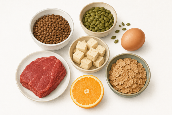 Illustration of iron-rich foods including beef, lentils, pumpkin seeds, tofu, egg, fortified cereal, and orange slices arranged on a light background.