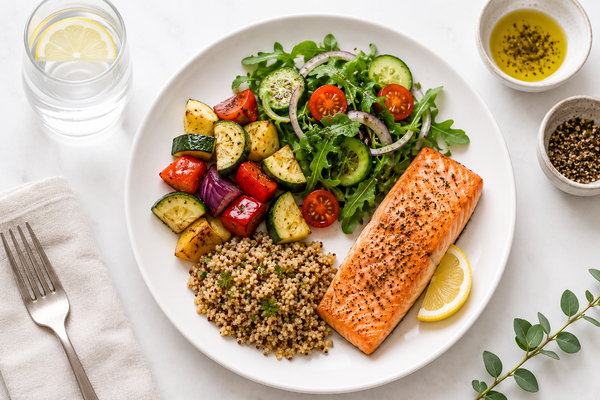 Balanced Mediterranean-style meal with salmon, quinoa, roasted vegetables, and leafy green salad on a white plate.