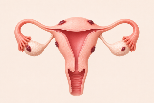 Illustration of the female reproductive system showing endometriosis lesions on the ovaries and surrounding reproductive structures.