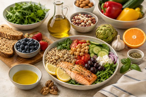Mediterranean-style fertility-supportive meal with salmon, quinoa, chickpeas, vegetables, olives, feta, fruit, nuts, whole-grain bread, and olive oil.