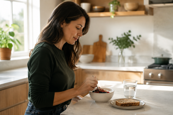 Woman eating a balanced breakfast with yogurt, berries, whole-grain toast and water in a bright kitchen.