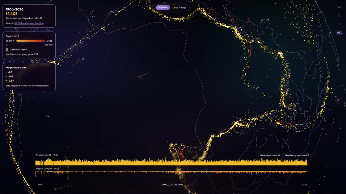 Earthquake Pulse Map: A Century of Seismic Activity on a WebGL Globe