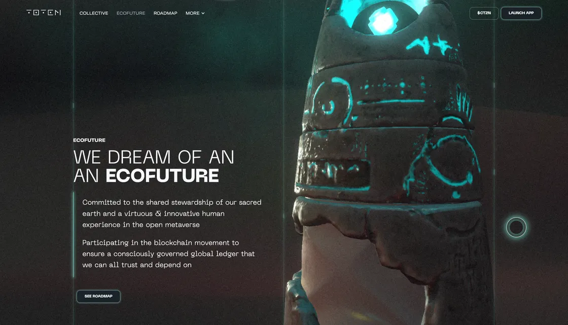 A dark WebGL landing page for Totem.earth with smoke, vertical light beams, and a draggable glowing 3D totem shape.