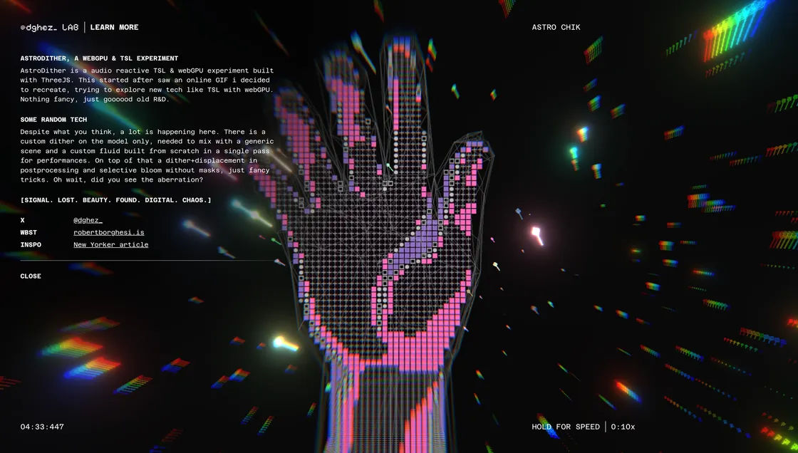 A dithered WebGPU scene fills the screen with a dense grid of bright dots, chromatic edges, and a centered prompt to enter with audio enabled.