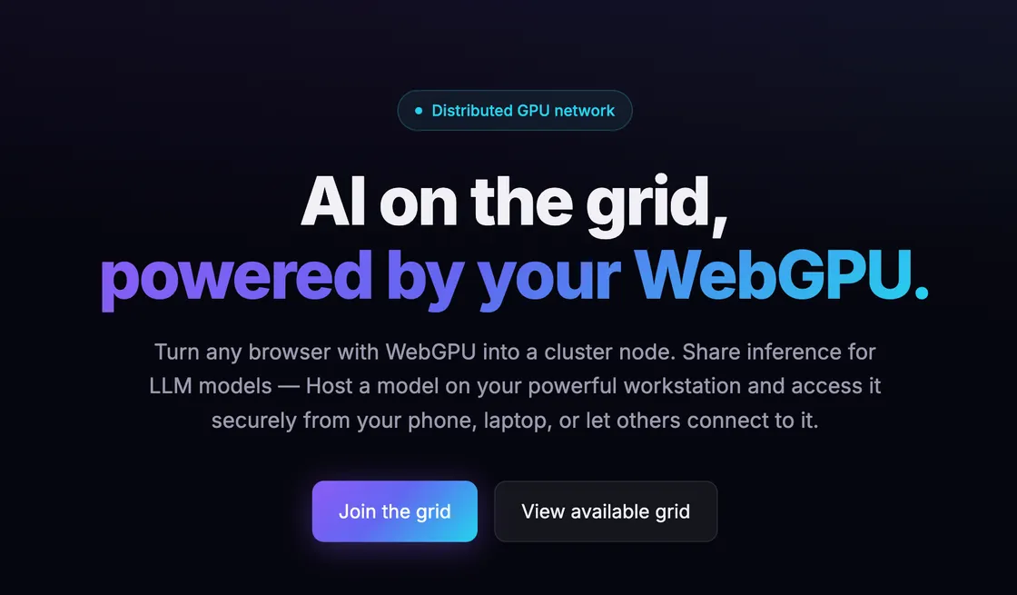 A dark WebGPU Cluster page showing browser GPU sharing, a client-to-broker-to-browser-host flow, and model cards for RF-DETR and SmolVLM.