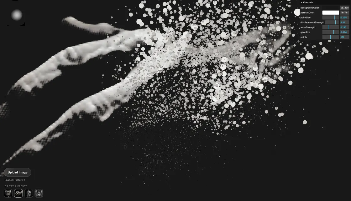 A dark WebGL canvas showing a monochrome animal image rebuilt as a grid of small particles, with controls for point size, displacement, wave strength, glow size, and resolution.