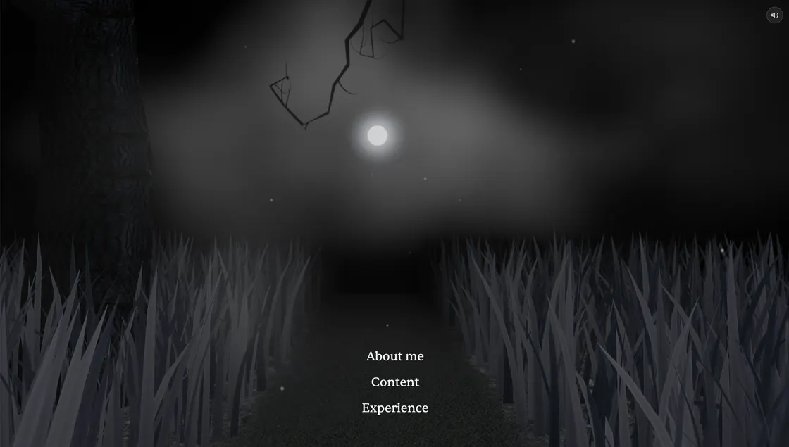 A moonlit Three.js portfolio scene with dark grass, fireflies, low fog, procedural trees, and a first-person camera path.