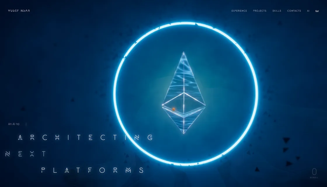 A 3D portfolio structured as an infinite timeline with WebGPU, TSL nodes, GSAP motion, and AI-themed interactions.