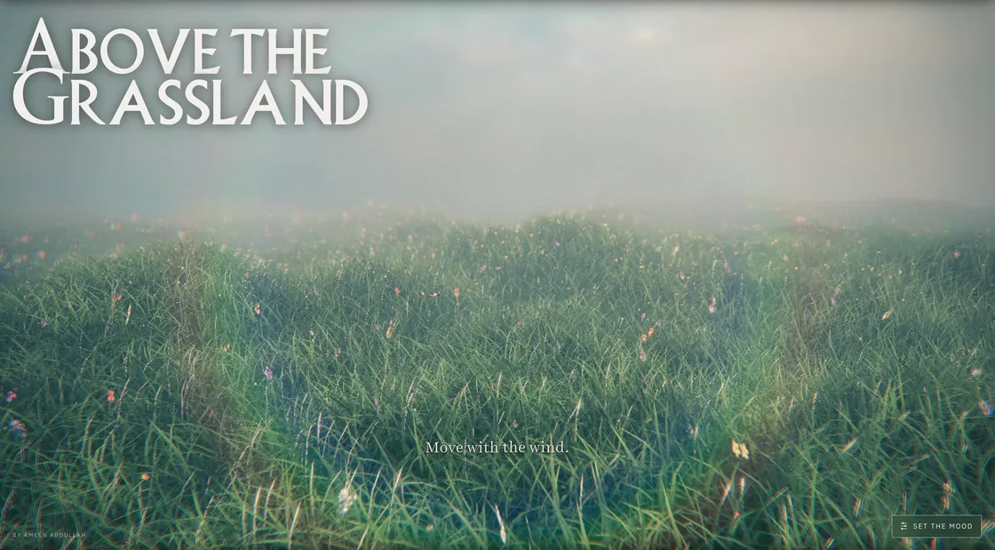 A cinematic WebGPU grassland scene with moving fields, weather presets, audio narration, subtitles, and mood controls.