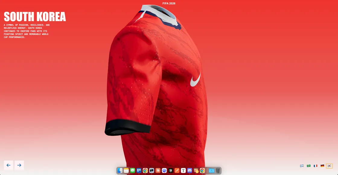 A WebGL jersey selector with a central 3D shirt model, team flags, camera movement, and shader-blended kit transitions.