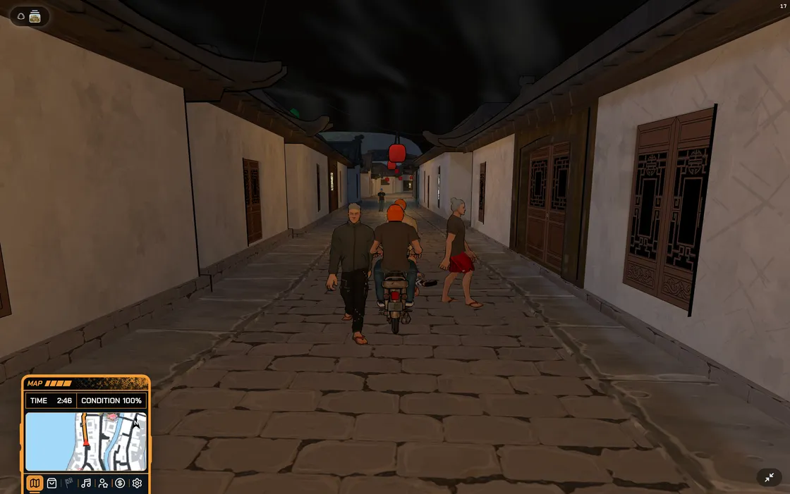 The Moped Mayhem play page showing a bold black-and-orange browser game menu inside a framed city-map interface.